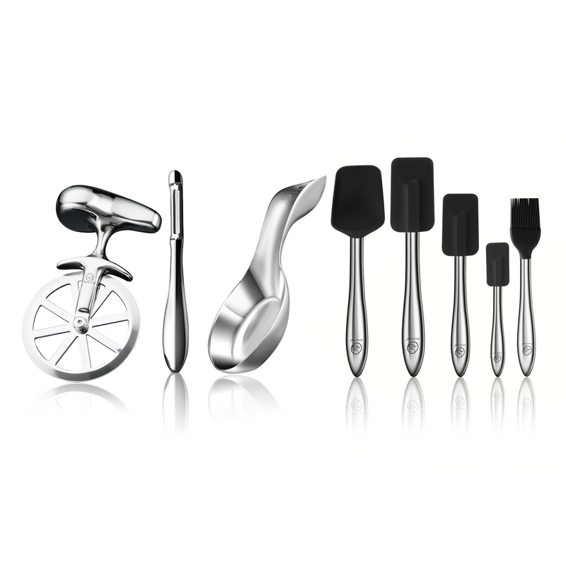 I Peeler + Pizza Cutter + Spoon Rest + 5pcs Kitchen Utensils Set (Black)