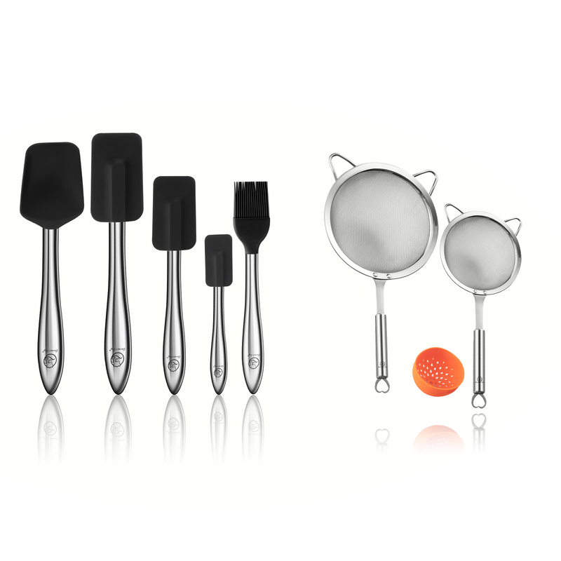 Stainless Steel Strainer Set (Stainless Steel) + 5pcs Kitchen Utensils Set (Black)
