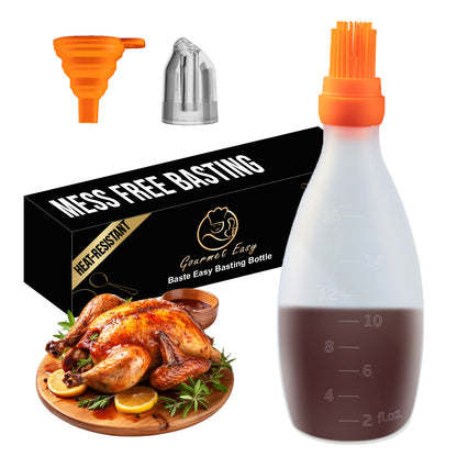 Gourmet Easy Baste Easy basting bottle in orange with its funnel, spare tip and gift box