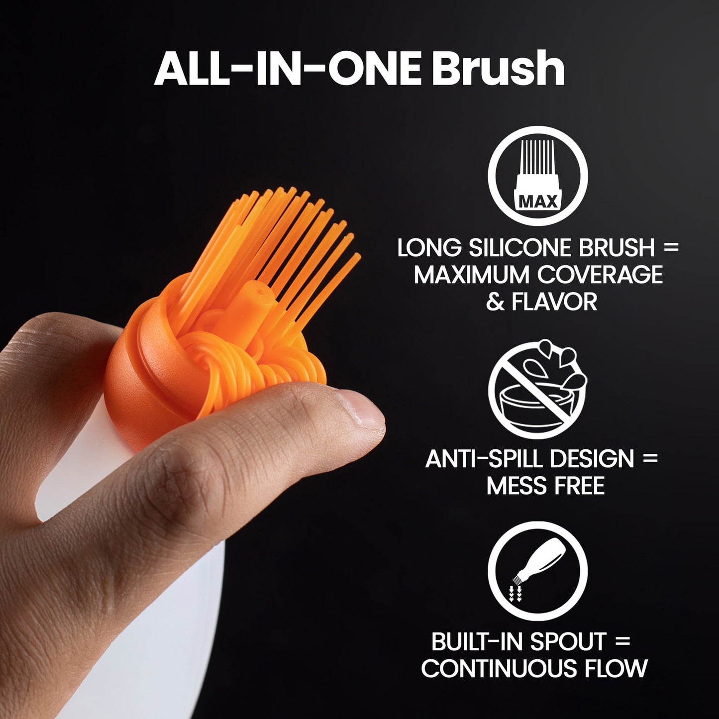 All-in-one brush: long silicone bristles for coverage, anti-spill design, built-in spout
