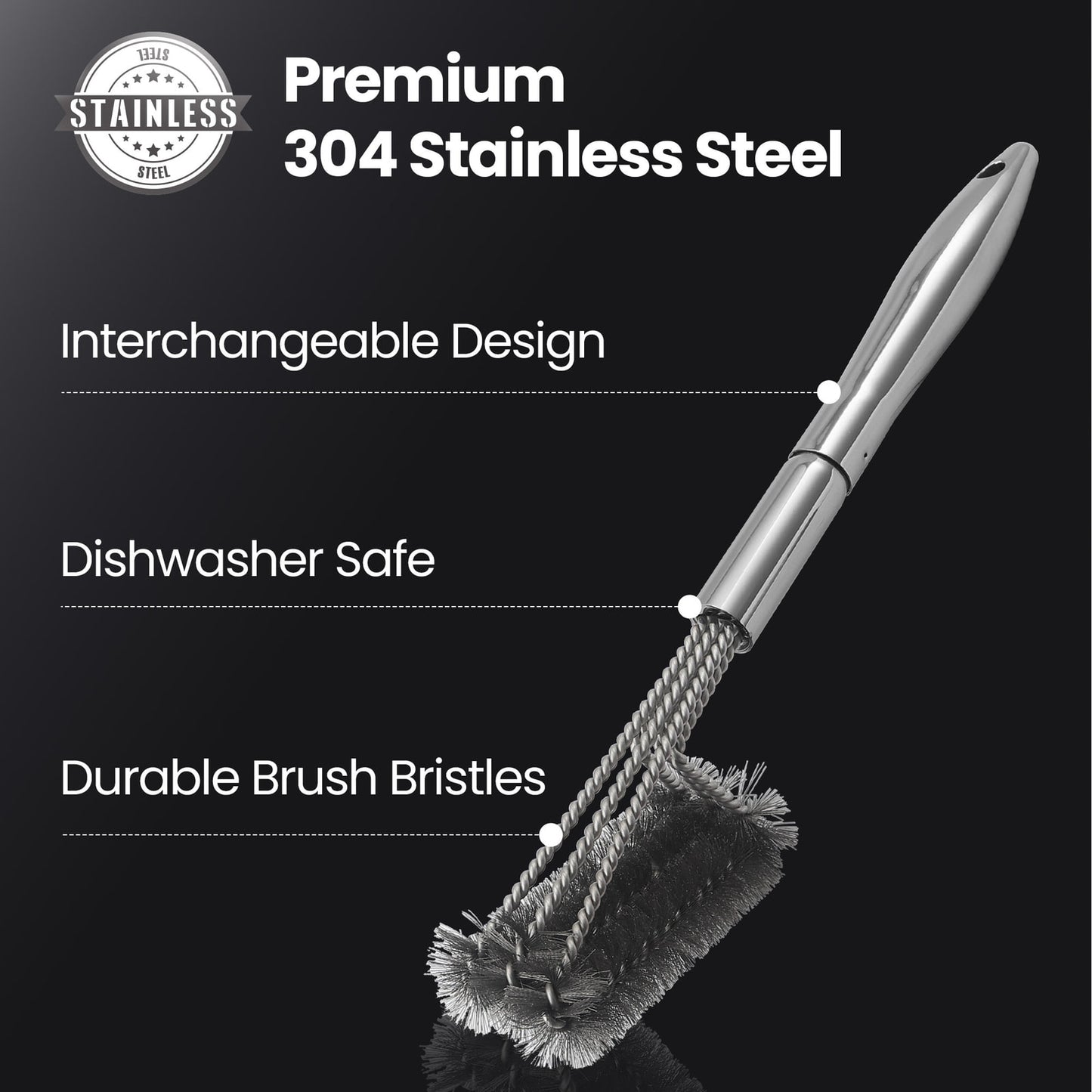 Premium 304 stainless steel: interchangeable design, dishwasher safe, durable bristles