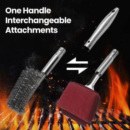 One handle, interchangeable attachments — swapping the brush head for the scraper pad