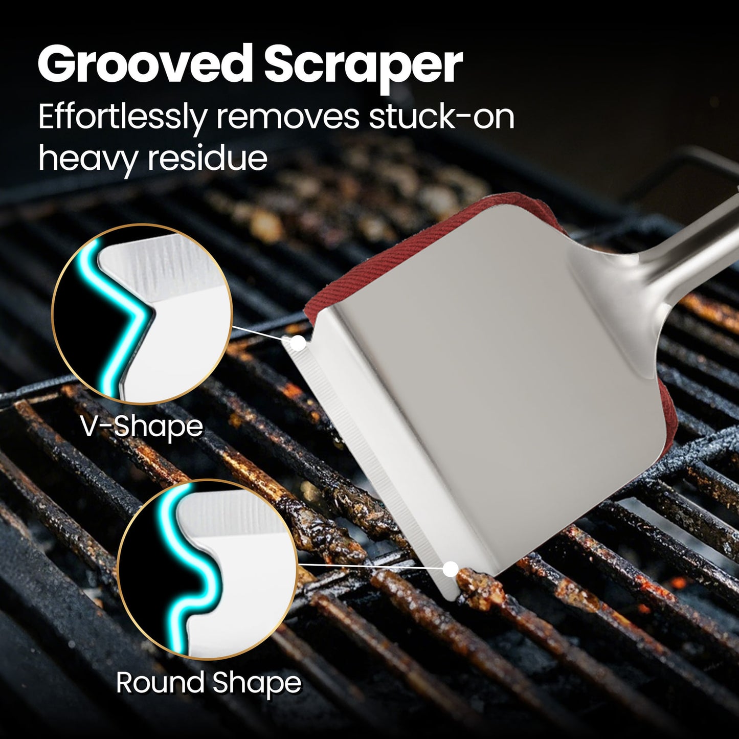 Grooved scraper with V-shape and round profiles for stuck-on residue