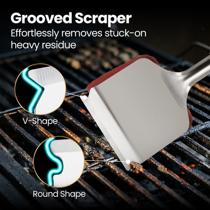 Grooved scraper with V-shape and round profiles for stuck-on residue