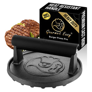 Gourmet Easy cast iron Burger Press with its heat-resistant-handle gift box and a burger