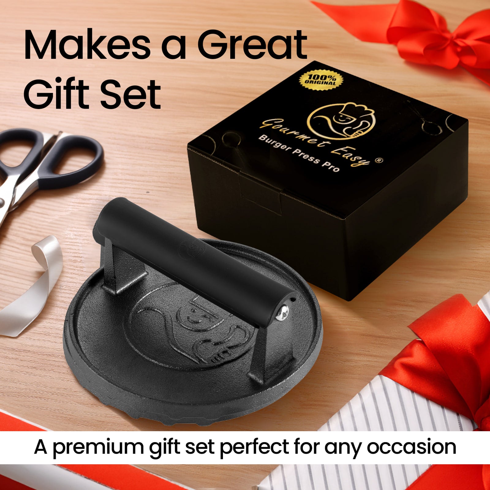 Cast iron Burger Press presented in a black gift box with ribbon