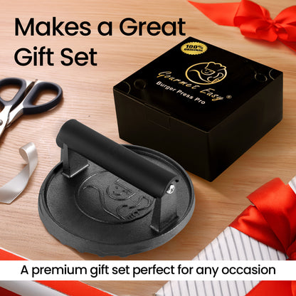 Cast iron Burger Press presented in a black gift box with ribbon