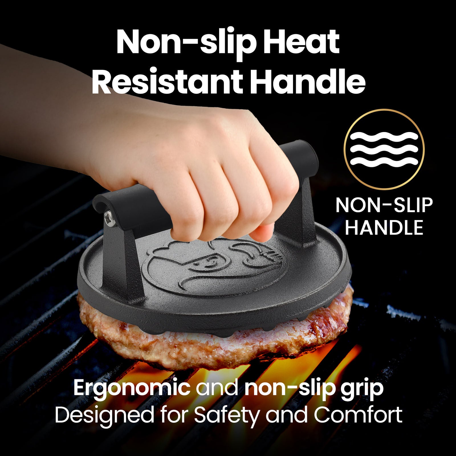 Non-slip heat resistant handle, ergonomic and designed for safety and comfort