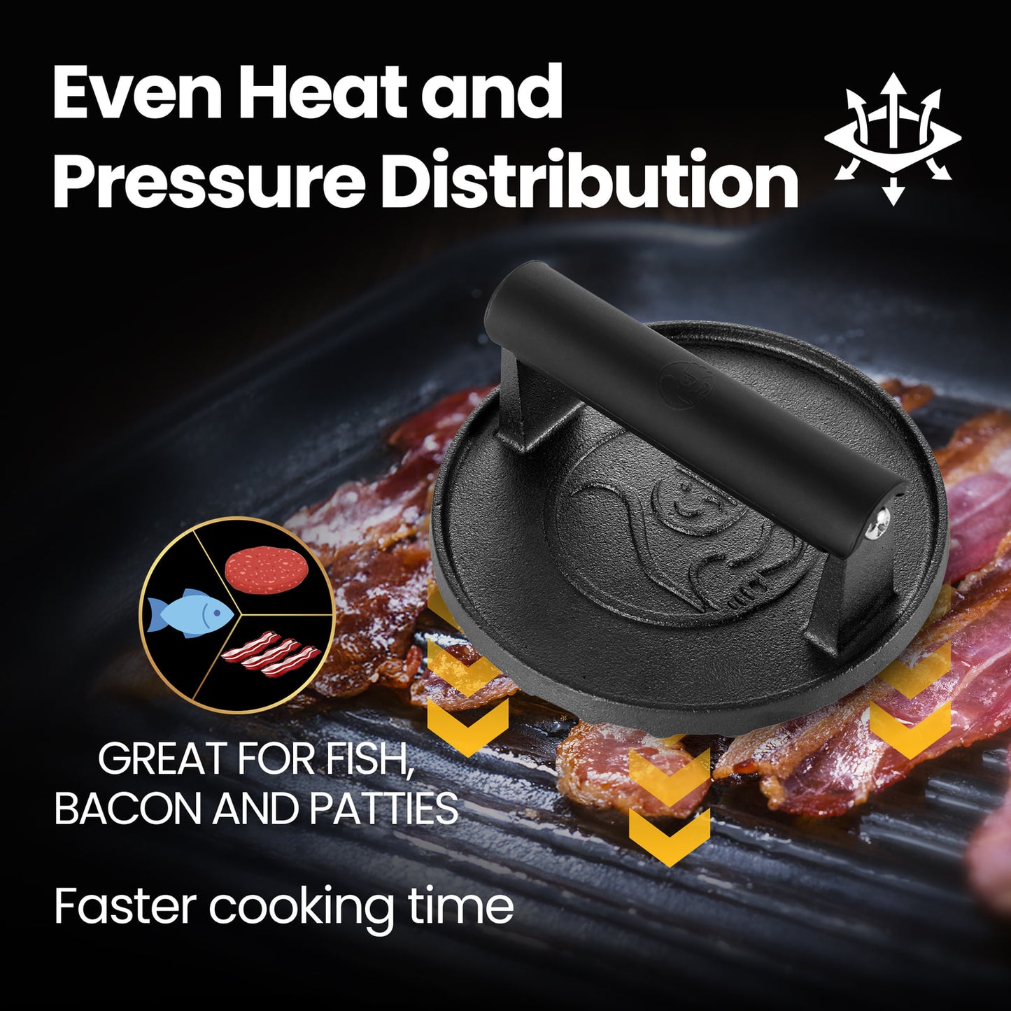 Even heat and pressure distribution — great for fish, bacon and patties, faster cooking time