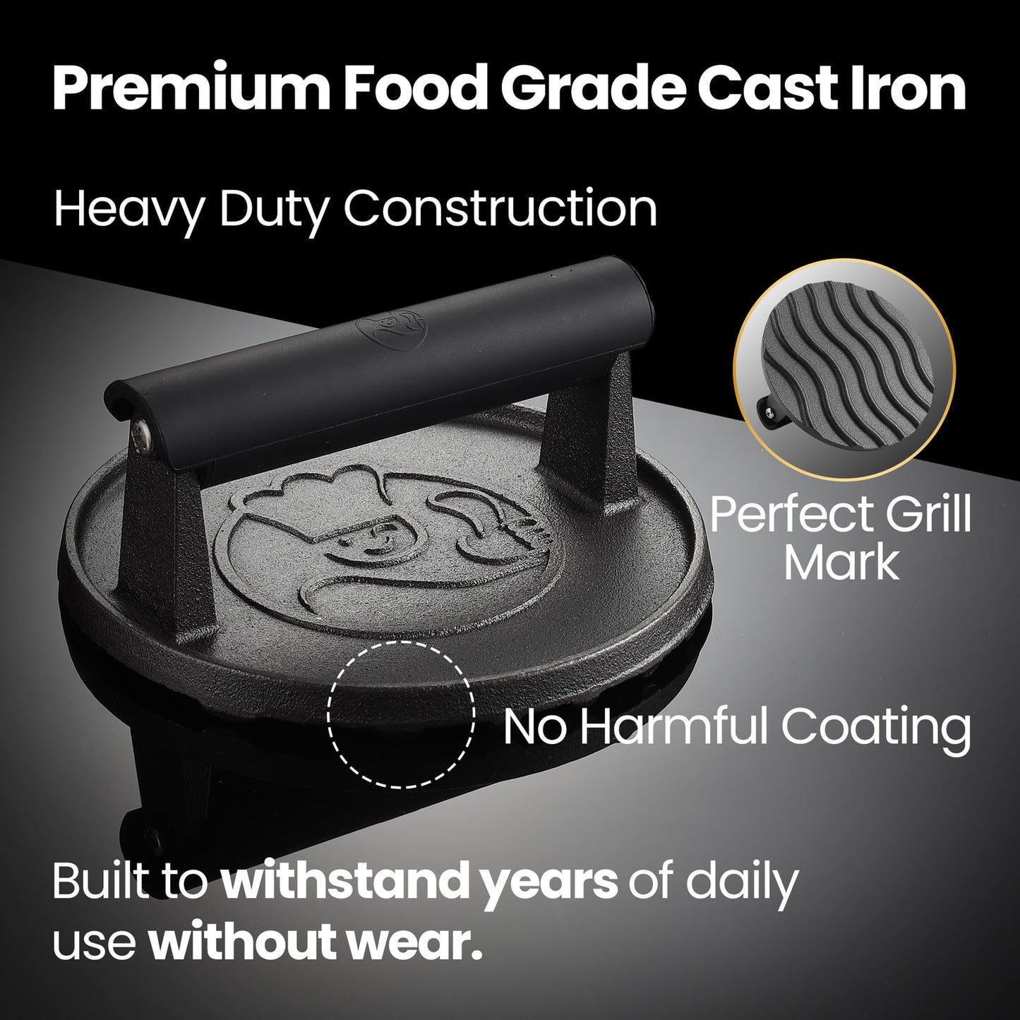 Premium food grade cast iron, heavy duty, leaves perfect grill marks, no harmful coating