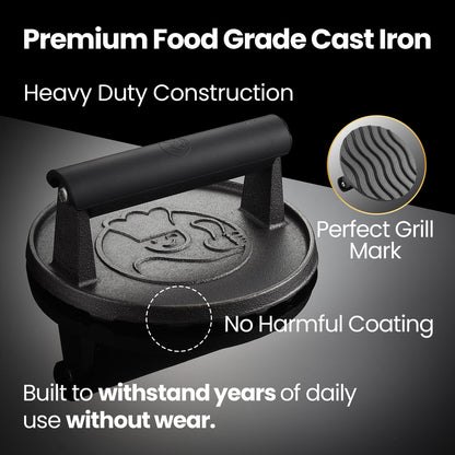 Premium food grade cast iron, heavy duty, leaves perfect grill marks, no harmful coating