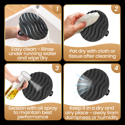 Care steps: rinse under running water, pat dry, season with oil spray, store somewhere dry