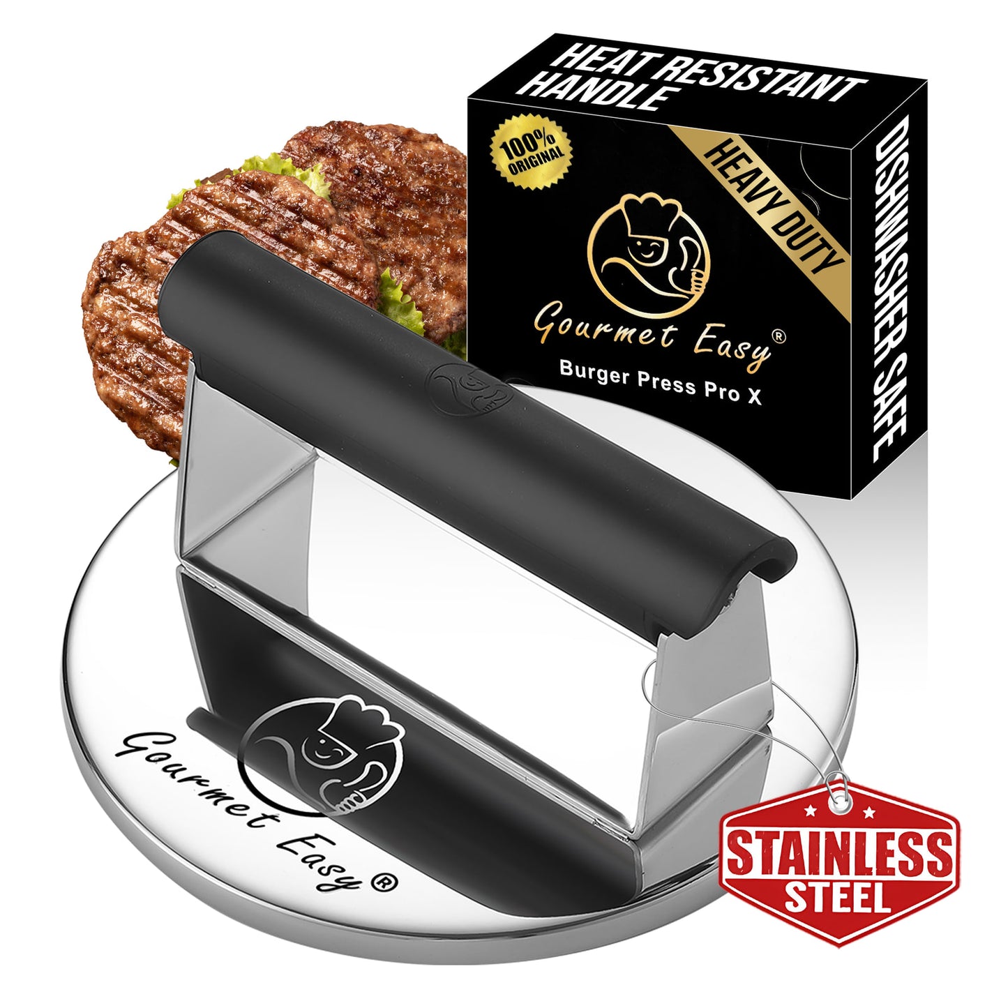 Gourmet Easy Stainless Steel Burger Press with its gift box and a burger