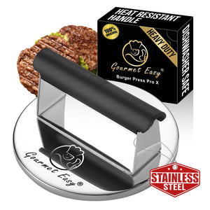 Gourmet Easy Stainless Steel Burger Press with its gift box and a burger
