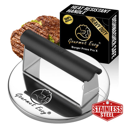 Gourmet Easy Stainless Steel Burger Press with its gift box and a burger