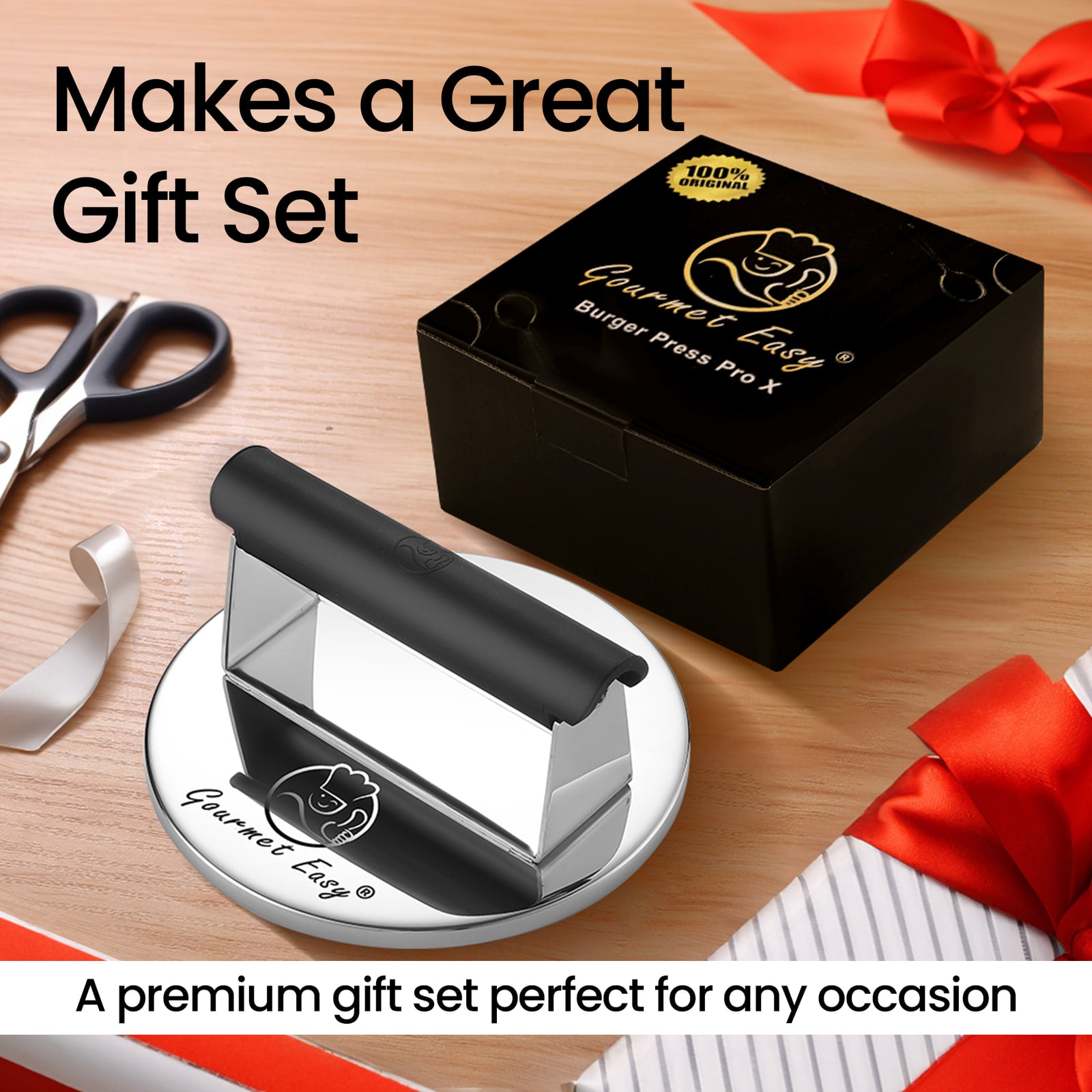 Stainless Steel Burger Press presented in a black gift box with ribbon