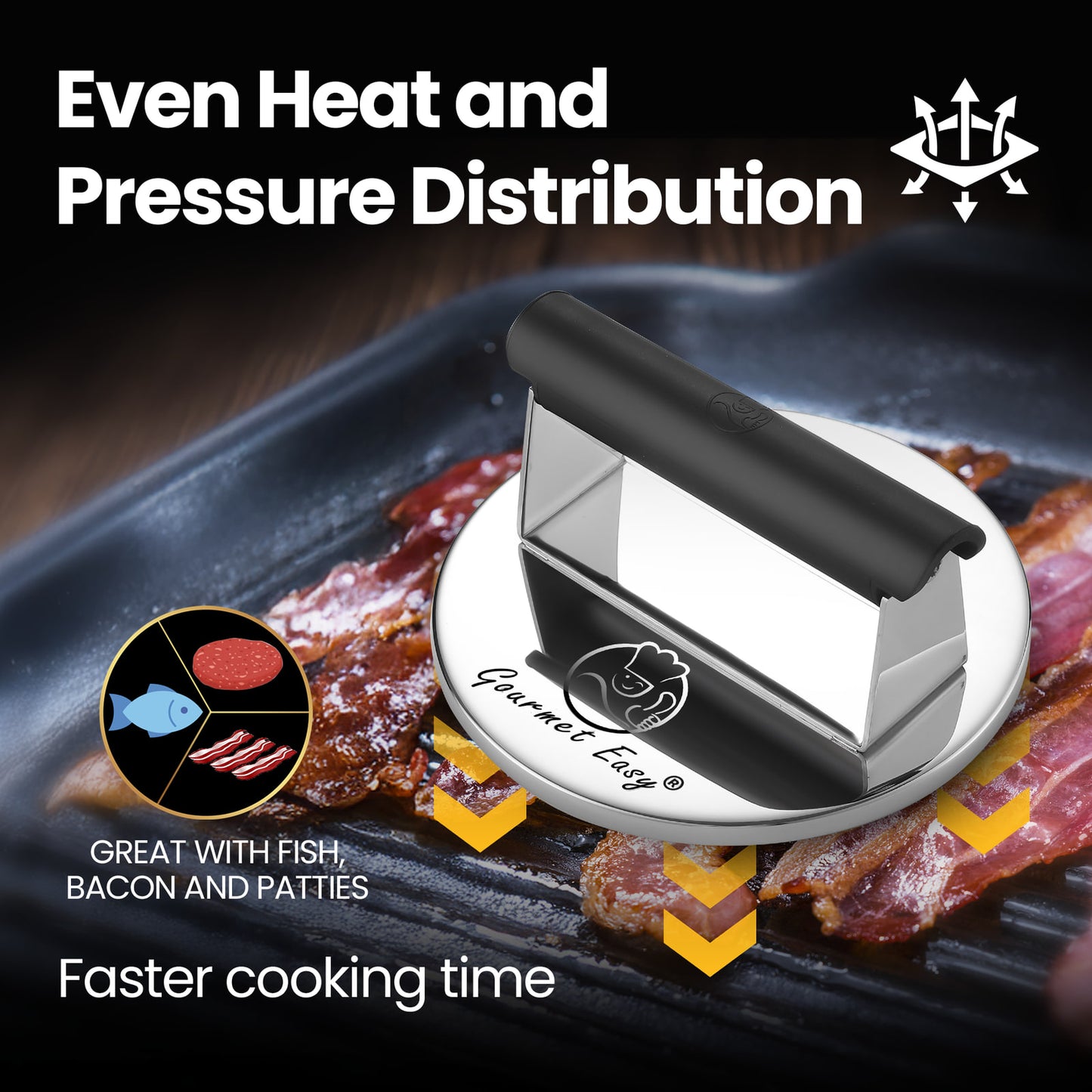 Even heat and pressure distribution — great with fish, bacon and patties, faster cooking time