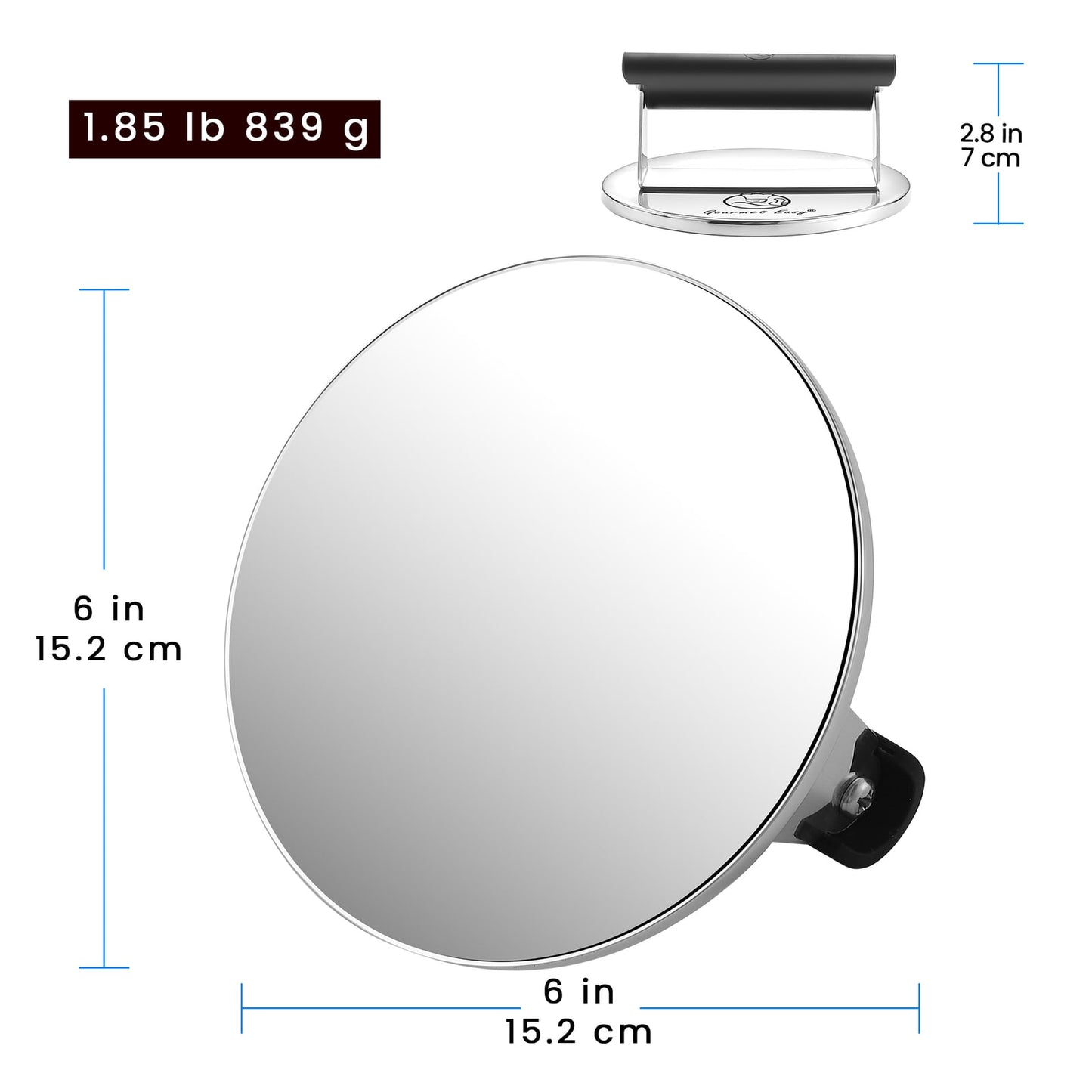 Stainless Steel Burger Press dimensions: 6 in across, 2.8 in tall, 1.85 lb