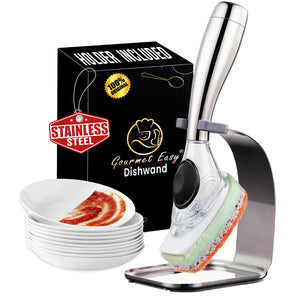 Gourmet Easy Dishwand in its holder with its gift box and a stack of plates