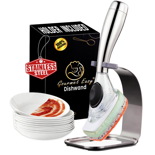 Gourmet Easy Dishwand in its holder with its gift box and a stack of plates