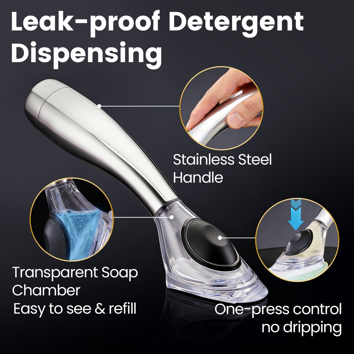 Leak-proof detergent dispensing: stainless steel handle, transparent soap chamber, one-press control
