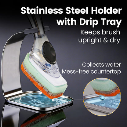 Stainless steel holder with drip tray keeps the brush upright and the counter dry