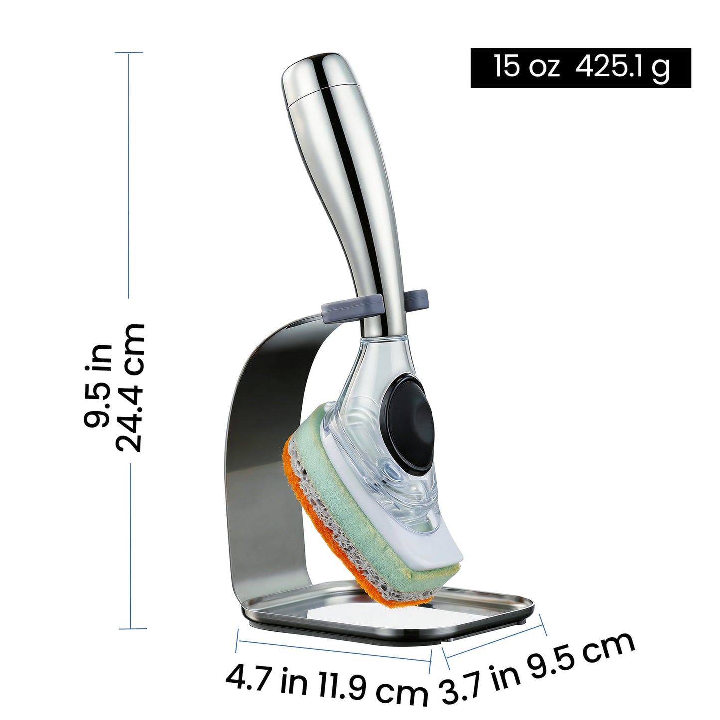 Dishwand dimensions: 9.5 in tall, 4.7 in wide, 3.7 in deep, 15 oz