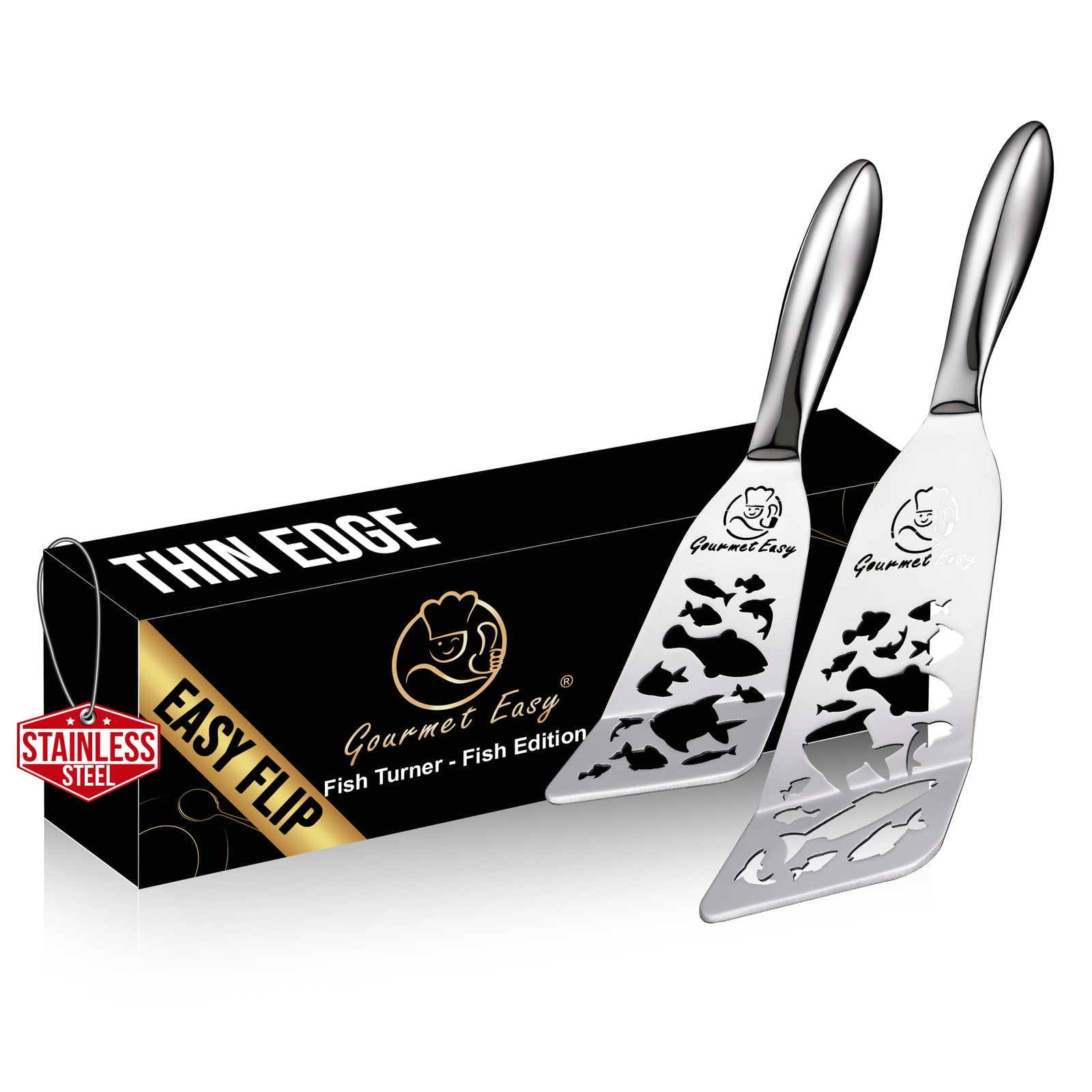 Gourmet Easy Fish Turner Fish Edition: two spatulas with fish-shaped cutouts and their gift box