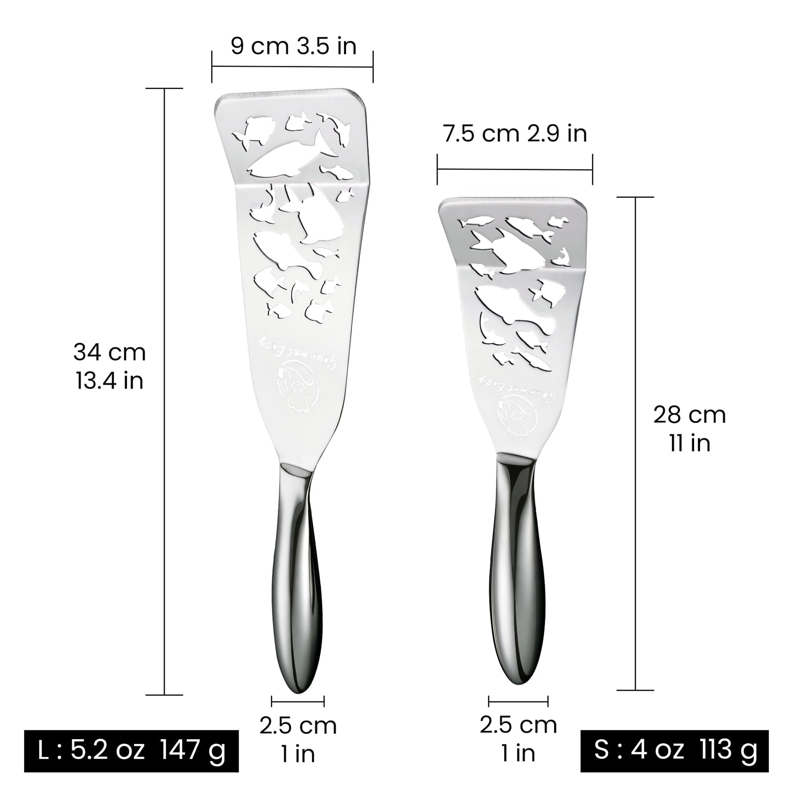 Fish Turner Fish Edition dimensions: 34 cm large and 28 cm small spatula, 5.2 oz and 4 oz