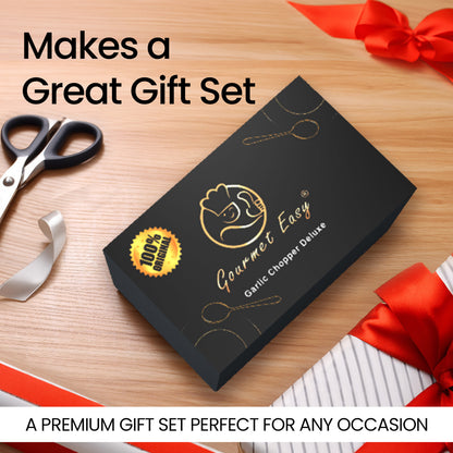 Garlic Chopper presented in a black gift box with ribbon