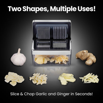 Two blade shapes, multiple uses — slice and chop garlic and ginger in seconds