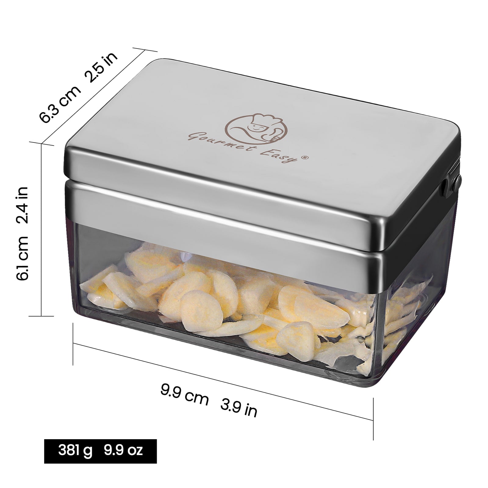 Garlic Chopper dimensions: 9.9 cm long, 8.3 cm wide, 6.1 cm tall, 381 g