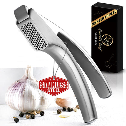 Gourmet Easy Garlic Easy press with its no-need-to-peel gift box and a garlic bulb