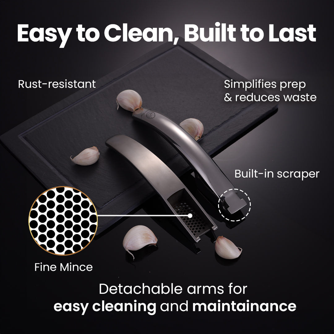 Easy to clean: rust-resistant, detachable arms and a built-in scraper for fine mince
