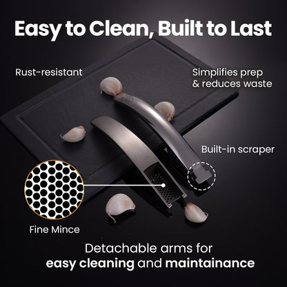 Easy to clean: rust-resistant, detachable arms and a built-in scraper for fine mince