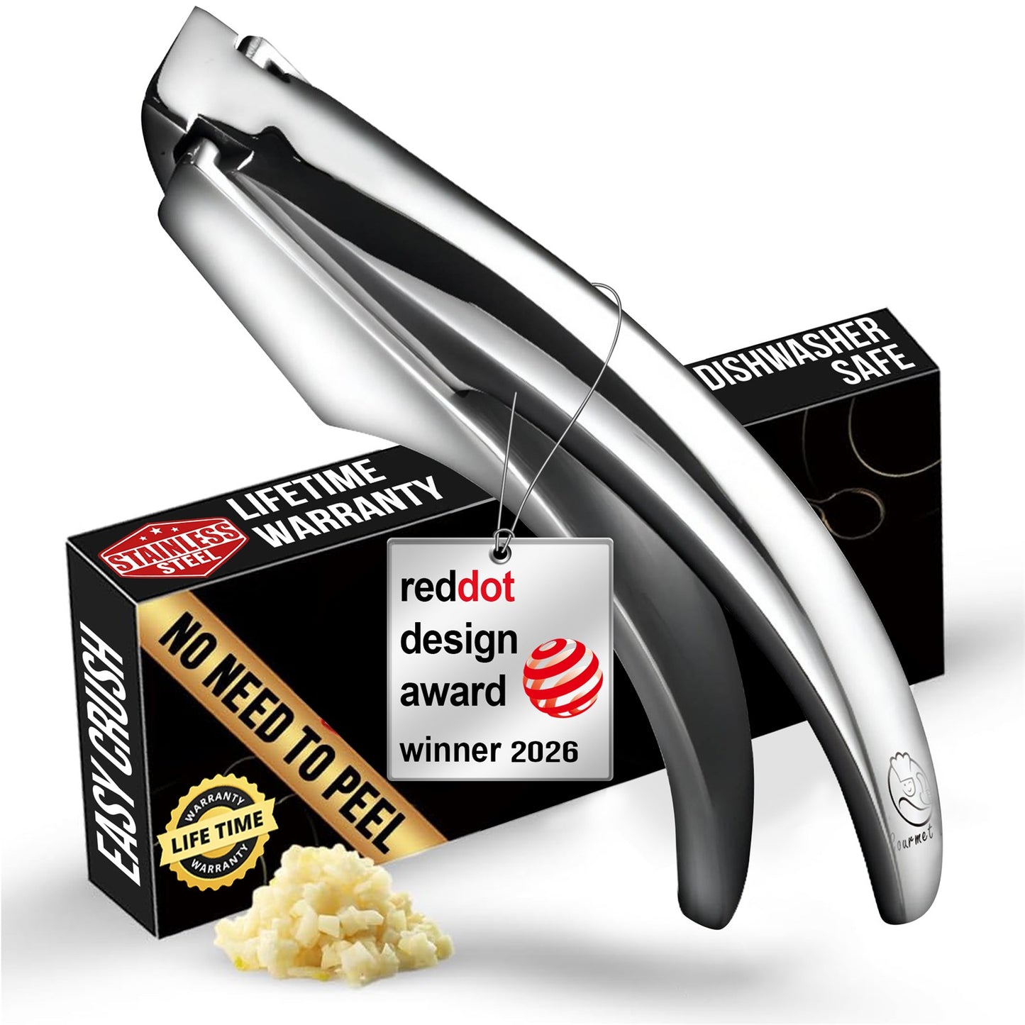 The Gourmet Easy Garlic Easy press in stainless steel with its no-need-to-peel gift box, a Red Dot Design Award 2026 tag and a pile of minced garlic