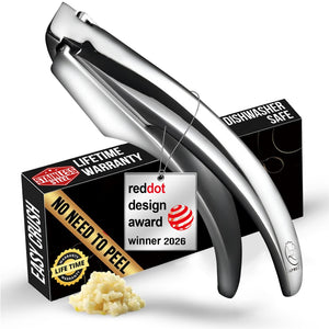 The Gourmet Easy Garlic Easy press in stainless steel with its no-need-to-peel gift box, a Red Dot Design Award 2026 tag and a pile of minced garlic
