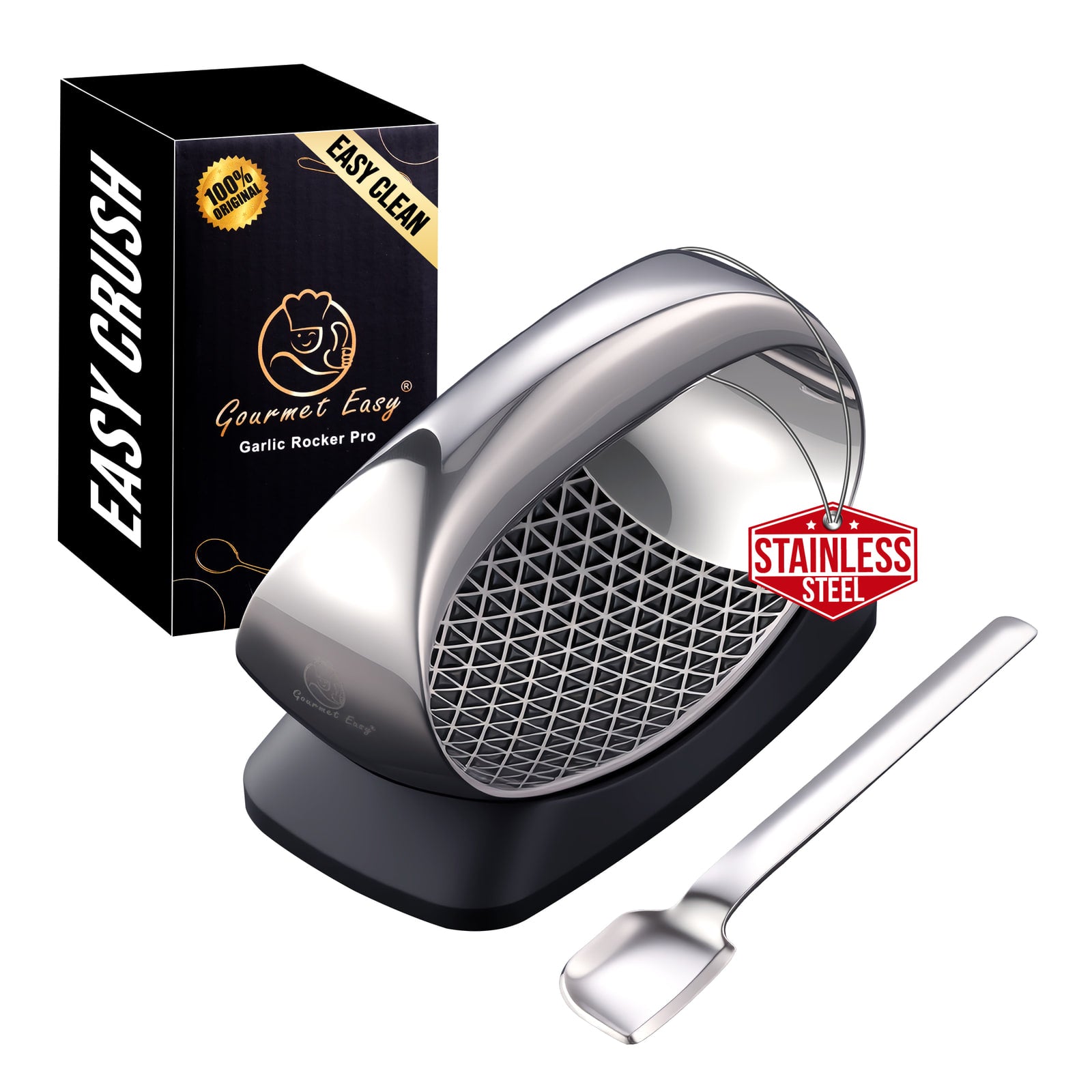 Gourmet Easy Garlic Rocker Pro with its gift box and scraper