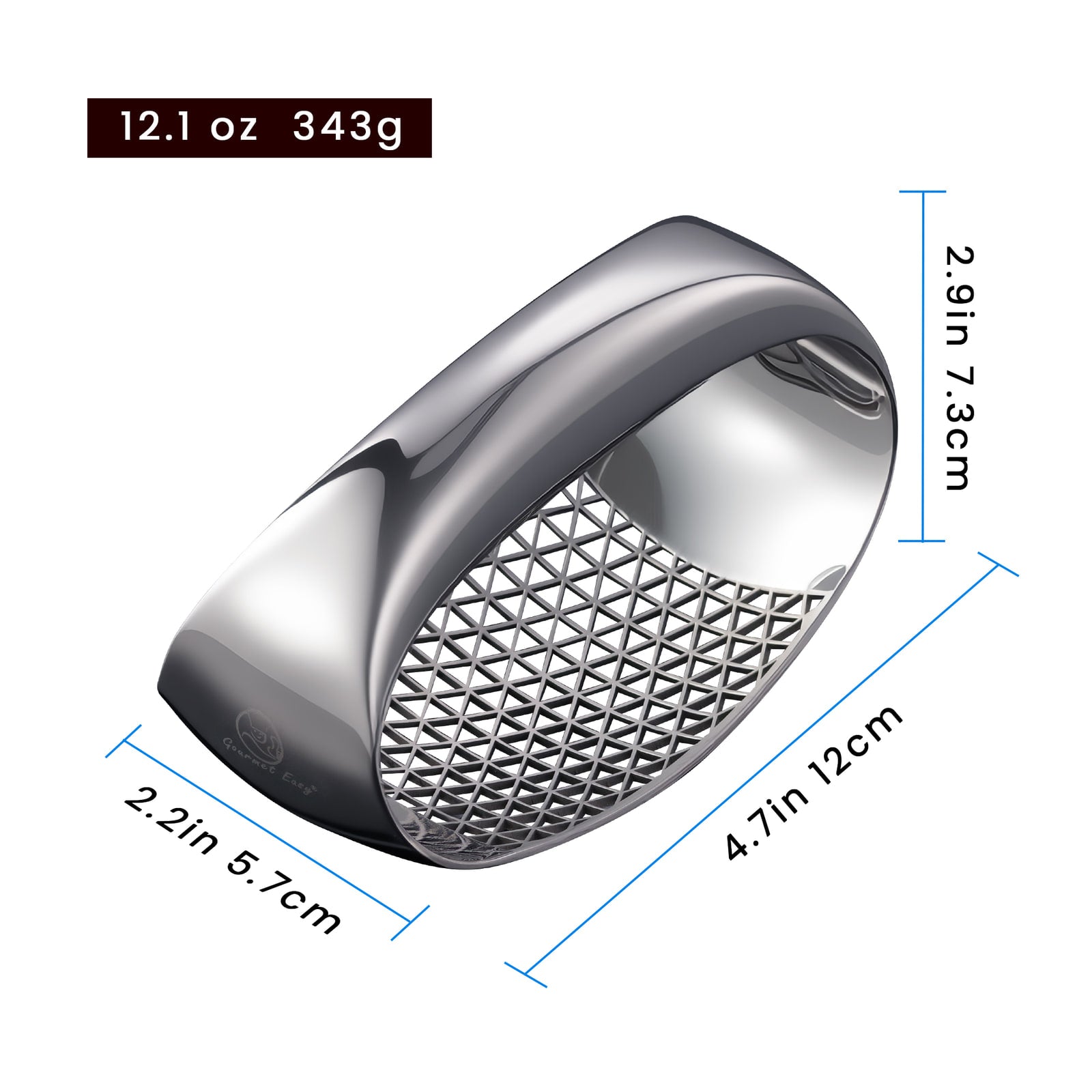 Garlic Rocker Pro dimensions: 4.7 in long, 2.9 in tall, 2.2 in wide, 12.1 oz