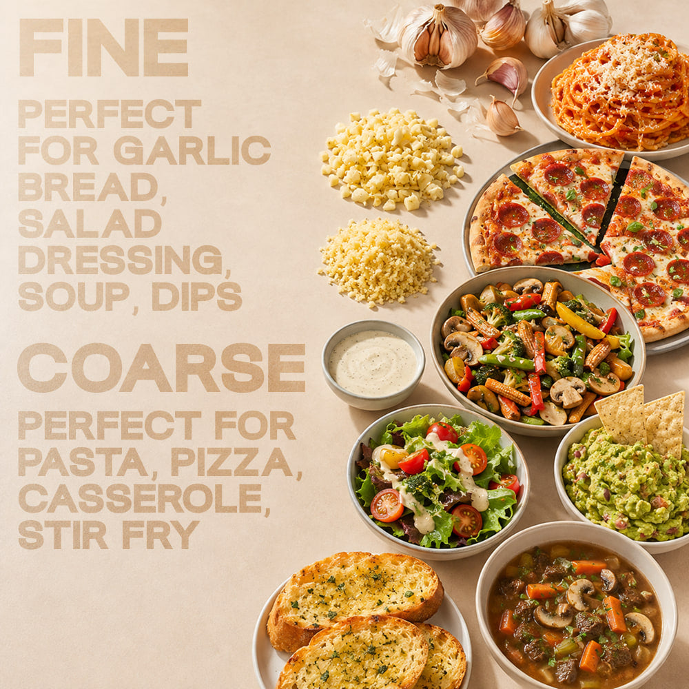 Bowls of pasta, pizza, salad and dips made with fine and coarse pressed garlic
