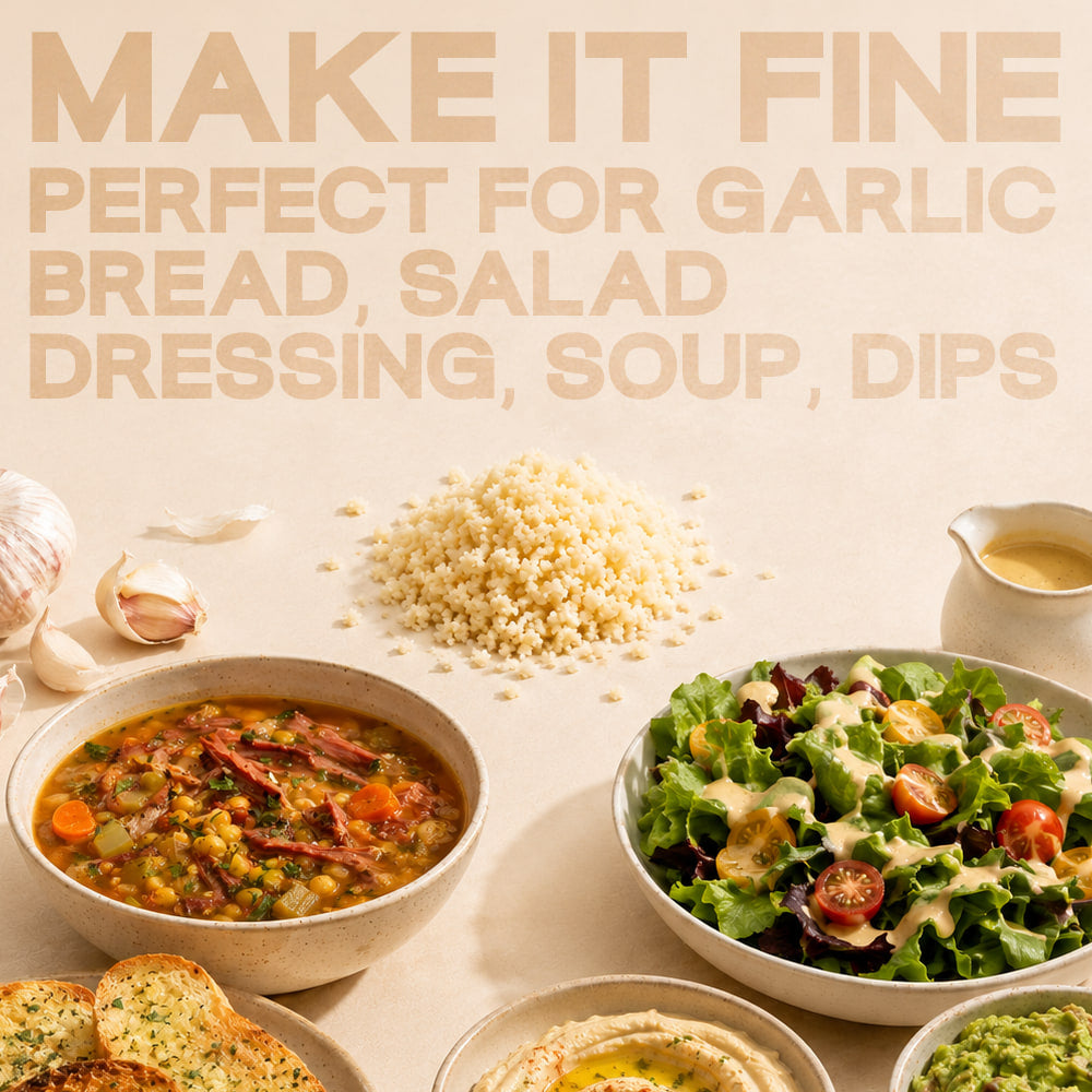 Finely pressed garlic beside garlic bread, soup and salad dressing