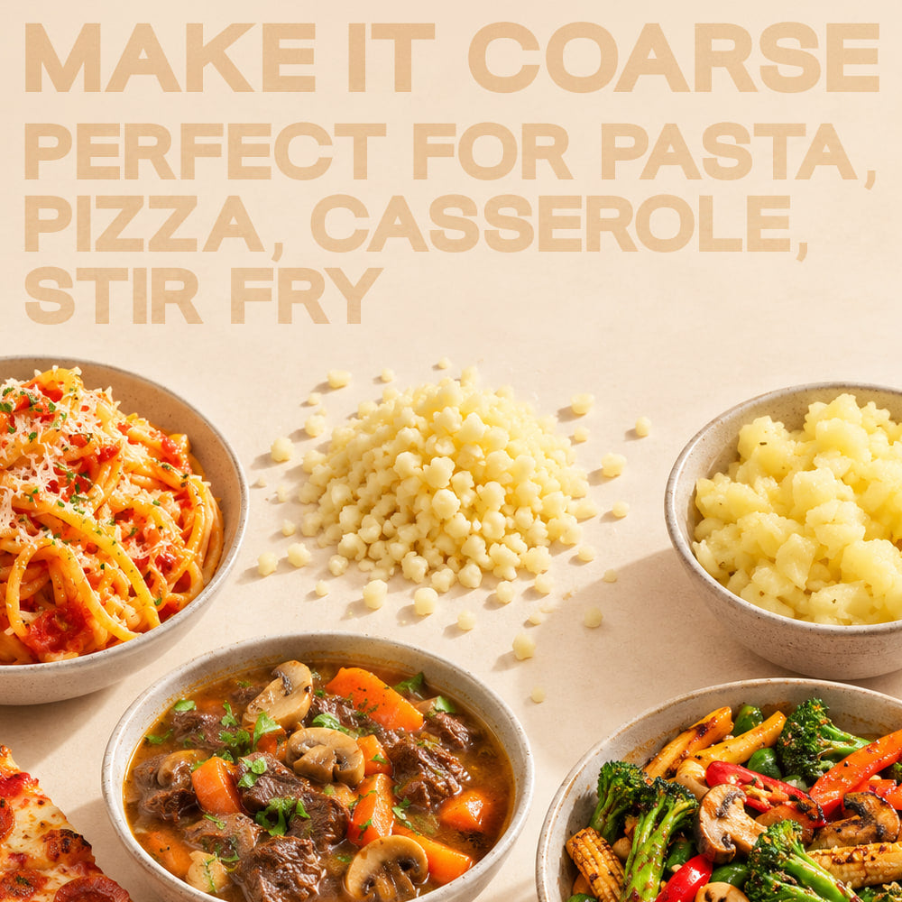 Coarsely pressed garlic beside pasta, casserole and stir fry