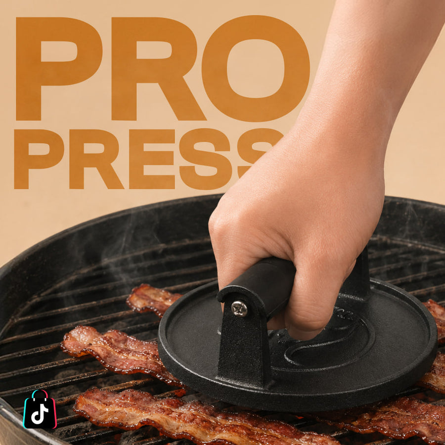 Pressing bacon flat on a hot grill with the round burger press