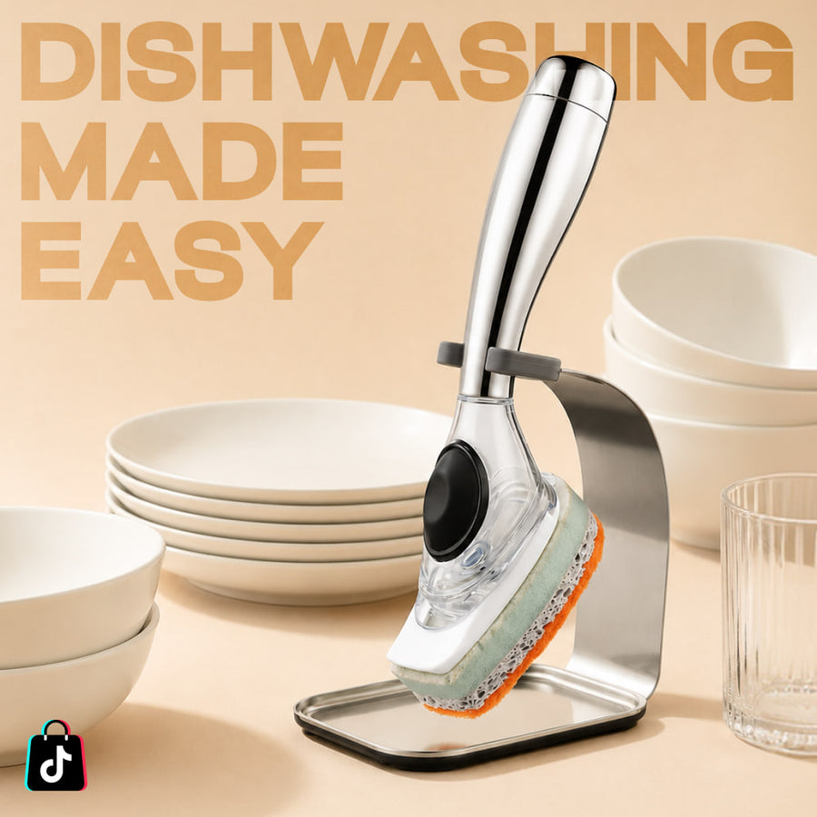 Dishwand standing beside a stack of clean plates and glasses