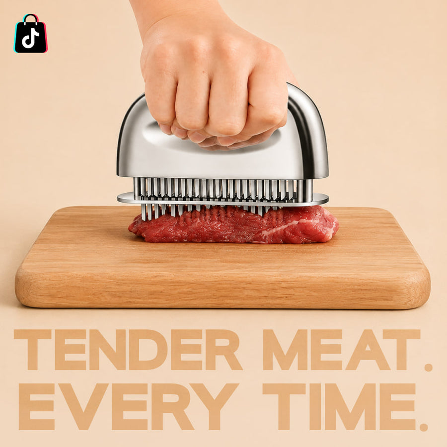 Needle tenderizer being pressed into a steak on a wooden board