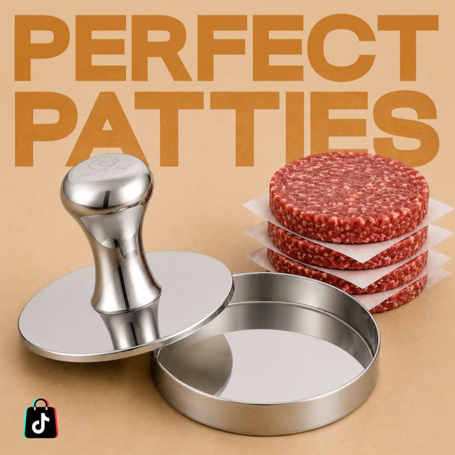 Patty maker beside a stack of shaped burger patties