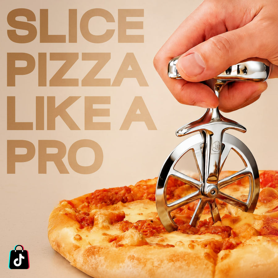 Pizza cutter rolling through a hot pizza