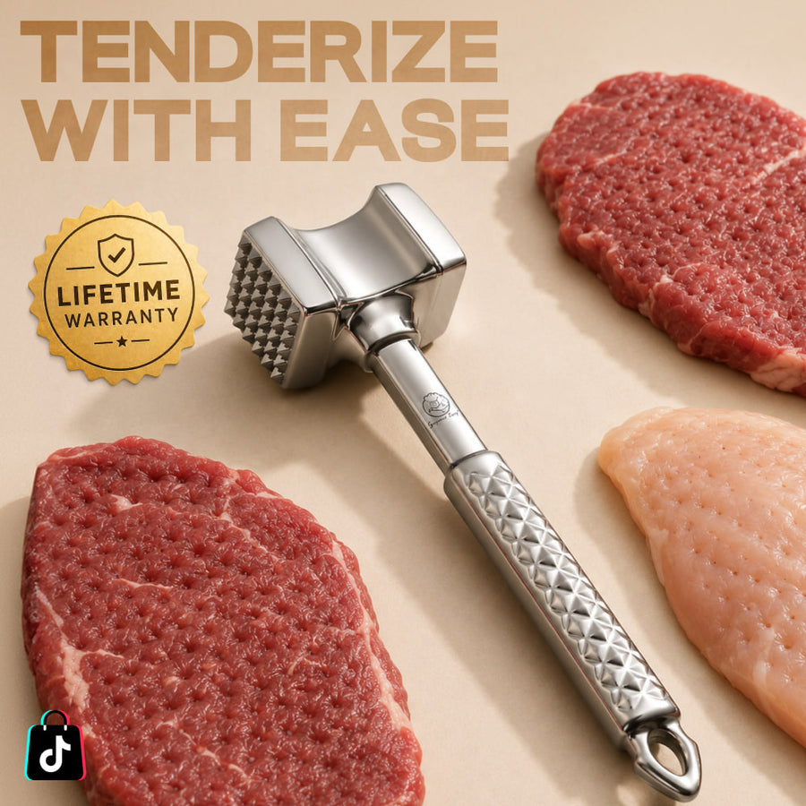 Meat tenderizer hammer beside raw steaks