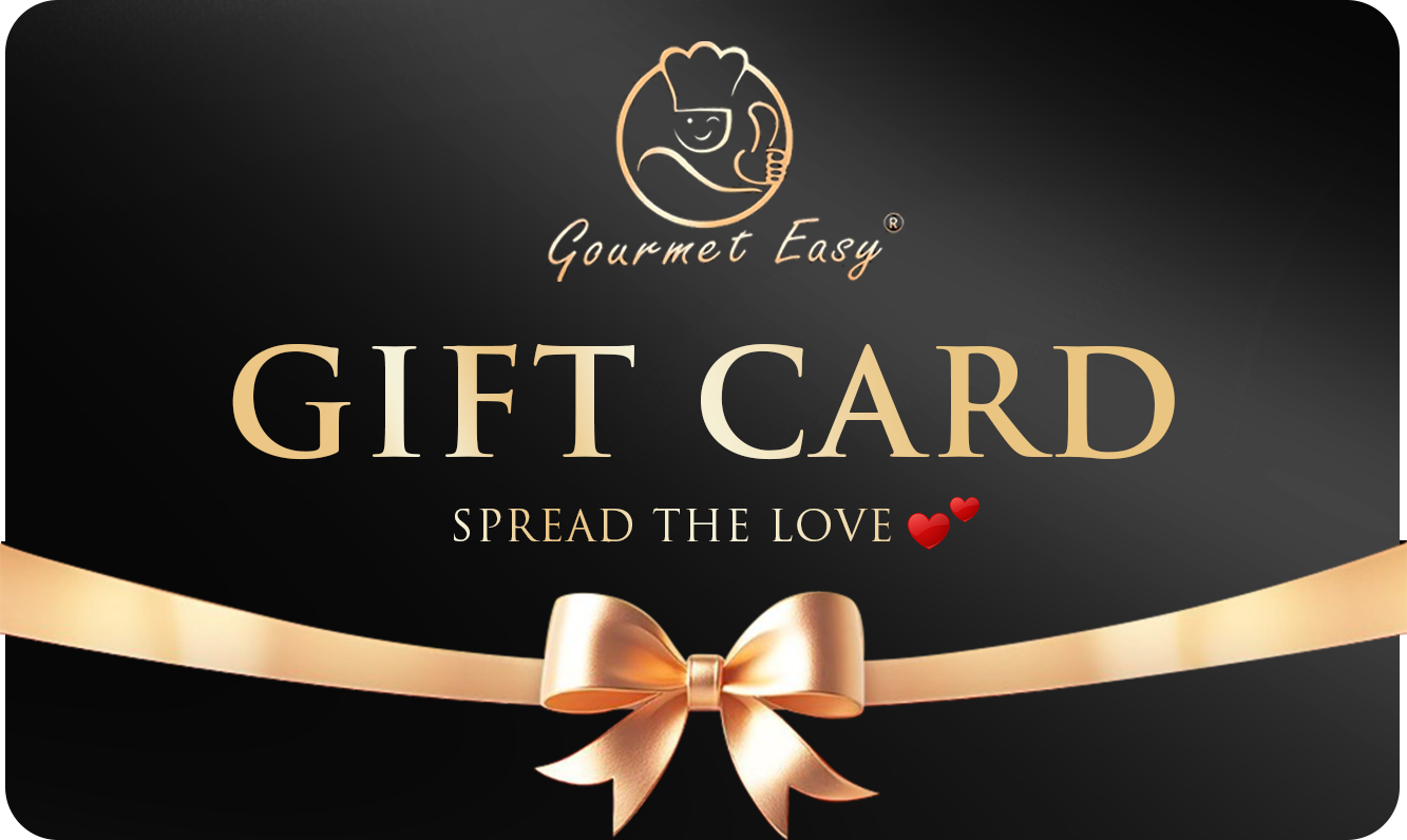 A black Gourmet Easy gift card with the gold chef logo, the words Spread the Love, and a gold ribbon and bow