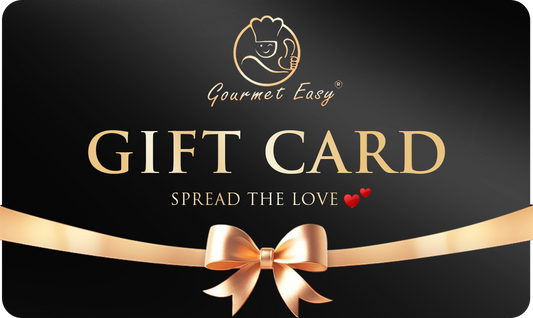 A black Gourmet Easy gift card with the gold chef logo, the words Spread the Love, and a gold ribbon and bow